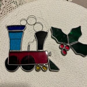 Stained Glass Train and Holly Decor